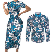 Karakarawa Bula Fiji Couples Matching Short Sleeve Bodycon Dress and Long Sleeve Button Shirt Fijian Tapa Seamless Hibiscus LT14 Blue - Polynesian Pride