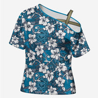 Karakarawa Bula Fiji Cross Shoulder Shirt Fijian Tapa Seamless Hibiscus LT14 Female Blue - Polynesian Pride
