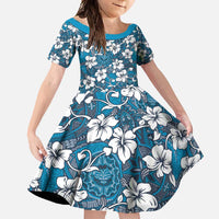 Karakarawa Bula Fiji Family Matching Tank Maxi Dress and Hawaiian Shirt Fijian Tapa Seamless Hibiscus LT14 Daughter's Dress Blue - Polynesian Pride