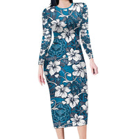 Karakarawa Bula Fiji Long Sleeve Bodycon Dress Fijian Tapa Seamless Hibiscus LT14 Long Dress Blue - Polynesian Pride