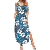 Karakarawa Bula Fiji Summer Maxi Dress Fijian Tapa Seamless Hibiscus LT14 Women Blue - Polynesian Pride