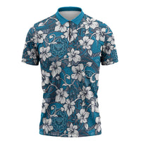 Karakarawa Bula Fiji Zipper Polo Shirt Fijian Tapa Seamless Hibiscus LT14 Blue - Polynesian Pride