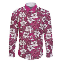 Piqi Bula Fiji Family Matching Off The Shoulder Long Sleeve Dress and Hawaiian Shirt Fijian Tapa Seamless Hibiscus LT14 Dad's Shirt - Long Sleeve Pink - Polynesian Pride