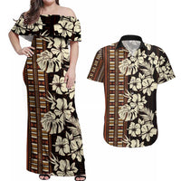 Bula Fiji Masi Couples Matching Off Shoulder Maxi Dress and Hawaiian Shirt Tapa Tropical Hibiscus Half Stylized LT14 Brown - Polynesian Pride