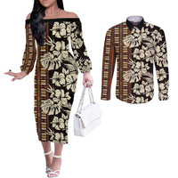 Bula Fiji Masi Couples Matching Off The Shoulder Long Sleeve Dress and Long Sleeve Button Shirt Tapa Tropical Hibiscus Half Stylized LT14 Brown - Polynesian Pride