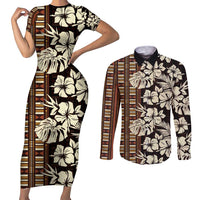 Bula Fiji Masi Couples Matching Short Sleeve Bodycon Dress and Long Sleeve Button Shirt Tapa Tropical Hibiscus Half Stylized LT14 Brown - Polynesian Pride