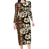 Bula Fiji Masi Family Matching Long Sleeve Bodycon Dress and Hawaiian Shirt Tapa Tropical Hibiscus Half Stylized LT14 Mom's Dress Brown - Polynesian Pride