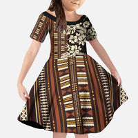 Bula Fiji Masi Family Matching Short Sleeve Bodycon Dress and Hawaiian Shirt Tapa Tropical Hibiscus Half Stylized LT14 Daughter's Dress Brown - Polynesian Pride