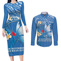 Polynesia Diabetes Awareness Month Couples Matching Long Sleeve Bodycon Dress and Long Sleeve Button Shirt In November We Wear Blue LT14 Blue - Polynesian Pride
