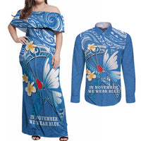 Polynesia Diabetes Awareness Month Couples Matching Off Shoulder Maxi Dress and Long Sleeve Button Shirt In November We Wear Blue LT14 Blue - Polynesian Pride