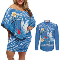 Polynesia Diabetes Awareness Month Couples Matching Off Shoulder Short Dress and Long Sleeve Button Shirt In November We Wear Blue LT14 Blue - Polynesian Pride