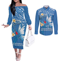 Polynesia Diabetes Awareness Month Couples Matching Off The Shoulder Long Sleeve Dress and Long Sleeve Button Shirt In November We Wear Blue LT14 Blue - Polynesian Pride