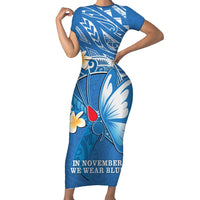 Polynesia Diabetes Awareness Month Family Matching Short Sleeve Bodycon Dress and Hawaiian Shirt In November We Wear Blue LT14 Mom's Dress Blue - Polynesian Pride