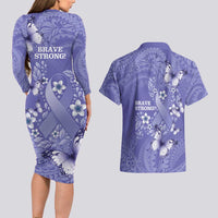 Polynesia Stomach Cancer Awareness Couples Matching Long Sleeve Bodycon Dress and Hawaiian Shirt Periwinkle Ribbon Brave Strong! LT14 - Polynesian Pride