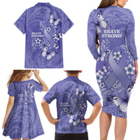 Polynesia Stomach Cancer Awareness Family Matching Long Sleeve Bodycon Dress and Hawaiian Shirt Periwinkle Ribbon Brave Strong!