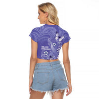 Polynesia Stomach Cancer Awareness Raglan Cropped T Shirt Periwinkle Ribbon Brave Strong!