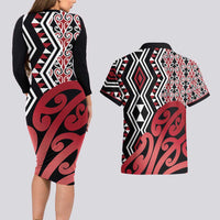 New Zealand Couples Matching Long Sleeve Bodycon Dress and Hawaiian Shirt Aotearoa Kowhaiwhai Mix Taniko Art - Red LT14 - Polynesian Pride
