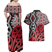 New Zealand Couples Matching Off Shoulder Maxi Dress and Hawaiian Shirt Aotearoa Kowhaiwhai Mix Taniko Art - Red LT14 - Polynesian Pride