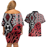 New Zealand Couples Matching Off Shoulder Short Dress and Hawaiian Shirt Aotearoa Kowhaiwhai Mix Taniko Art - Red LT14 - Polynesian Pride