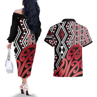 New Zealand Couples Matching Off The Shoulder Long Sleeve Dress and Hawaiian Shirt Aotearoa Kowhaiwhai Mix Taniko Art - Red LT14 - Polynesian Pride