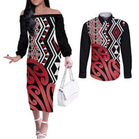 New Zealand Couples Matching Off The Shoulder Long Sleeve Dress and Long Sleeve Button Shirt Aotearoa Kowhaiwhai Mix Taniko Art - Red LT14 Red - Polynesian Pride