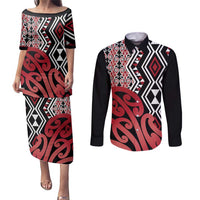 New Zealand Couples Matching Puletasi and Long Sleeve Button Shirt Aotearoa Kowhaiwhai Mix Taniko Art - Red LT14 Red - Polynesian Pride
