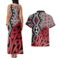 New Zealand Couples Matching Tank Maxi Dress and Hawaiian Shirt Aotearoa Kowhaiwhai Mix Taniko Art - Red LT14 - Polynesian Pride