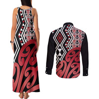New Zealand Couples Matching Tank Maxi Dress and Long Sleeve Button Shirt Aotearoa Kowhaiwhai Mix Taniko Art - Red LT14 - Polynesian Pride