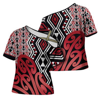 New Zealand Cross Shoulder Shirt Aotearoa Kowhaiwhai Mix Taniko Art - Red LT14 - Polynesian Pride