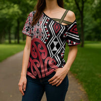 New Zealand Cross Shoulder Shirt Aotearoa Kowhaiwhai Mix Taniko Art - Red LT14 - Polynesian Pride