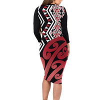 New Zealand Family Matching Long Sleeve Bodycon Dress and Hawaiian Shirt Aotearoa Kowhaiwhai Mix Taniko Art - Red LT14 - Polynesian Pride