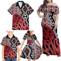 New Zealand Family Matching Off Shoulder Maxi Dress and Hawaiian Shirt Aotearoa Kowhaiwhai Mix Taniko Art - Red LT14 - Polynesian Pride