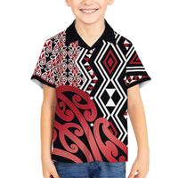 New Zealand Family Matching Off Shoulder Maxi Dress and Hawaiian Shirt Aotearoa Kowhaiwhai Mix Taniko Art - Red LT14 Son's Shirt Red - Polynesian Pride