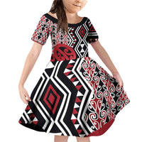 New Zealand Family Matching Off Shoulder Short Dress and Hawaiian Shirt Aotearoa Kowhaiwhai Mix Taniko Art - Red LT14 Daughter's Dress Red - Polynesian Pride
