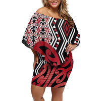 New Zealand Family Matching Off Shoulder Short Dress and Hawaiian Shirt Aotearoa Kowhaiwhai Mix Taniko Art - Red LT14 Mom's Dress Red - Polynesian Pride