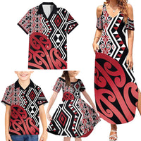 New Zealand Family Matching Summer Maxi Dress and Hawaiian Shirt Aotearoa Kowhaiwhai Mix Taniko Art - Red LT14 - Polynesian Pride