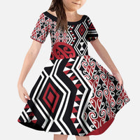 New Zealand Kid Short Sleeve Dress Aotearoa Kowhaiwhai Mix Taniko Art - Red LT14 KID Red - Polynesian Pride