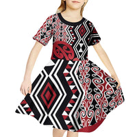 New Zealand Kid Short Sleeve Dress Aotearoa Kowhaiwhai Mix Taniko Art - Red LT14 - Polynesian Pride