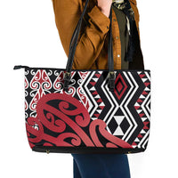 New Zealand Leather Tote Bag Aotearoa Kowhaiwhai Mix Taniko Art - Red LT14 - Polynesian Pride