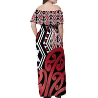 New Zealand Off Shoulder Maxi Dress Aotearoa Kowhaiwhai Mix Taniko Art - Red LT14 - Polynesian Pride