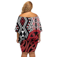 New Zealand Off Shoulder Short Dress Aotearoa Kowhaiwhai Mix Taniko Art - Red LT14 - Polynesian Pride