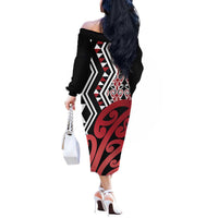 New Zealand Off The Shoulder Long Sleeve Dress Aotearoa Kowhaiwhai Mix Taniko Art - Red LT14 - Polynesian Pride