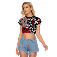 New Zealand Raglan Cropped T Shirt Aotearoa Kowhaiwhai Mix Taniko Art - Red LT14 Female Red - Polynesian Pride