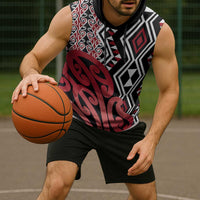 New Zealand Sleeveless Hoodie Aotearoa Kowhaiwhai Mix Taniko Art - Red LT14 - Polynesian Pride