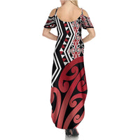 New Zealand Summer Maxi Dress Aotearoa Kowhaiwhai Mix Taniko Art - Red LT14 - Polynesian Pride