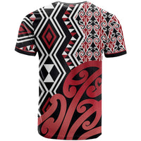 New Zealand T Shirt Aotearoa Kowhaiwhai Mix Taniko Art - Red LT14 - Polynesian Pride