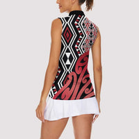New Zealand Women Sleeveless Polo Shirt Aotearoa Kowhaiwhai Mix Taniko Art - Red LT14 - Polynesian Pride
