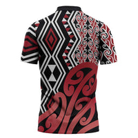 New Zealand Zipper Polo Shirt Aotearoa Kowhaiwhai Mix Taniko Art - Red LT14 - Polynesian Pride