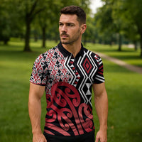 New Zealand Zipper Polo Shirt Aotearoa Kowhaiwhai Mix Taniko Art - Red LT14 - Polynesian Pride