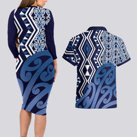 New Zealand Couples Matching Long Sleeve Bodycon Dress and Hawaiian Shirt Aotearoa Kowhaiwhai Mix Taniko Art - Blue LT14 - Polynesian Pride